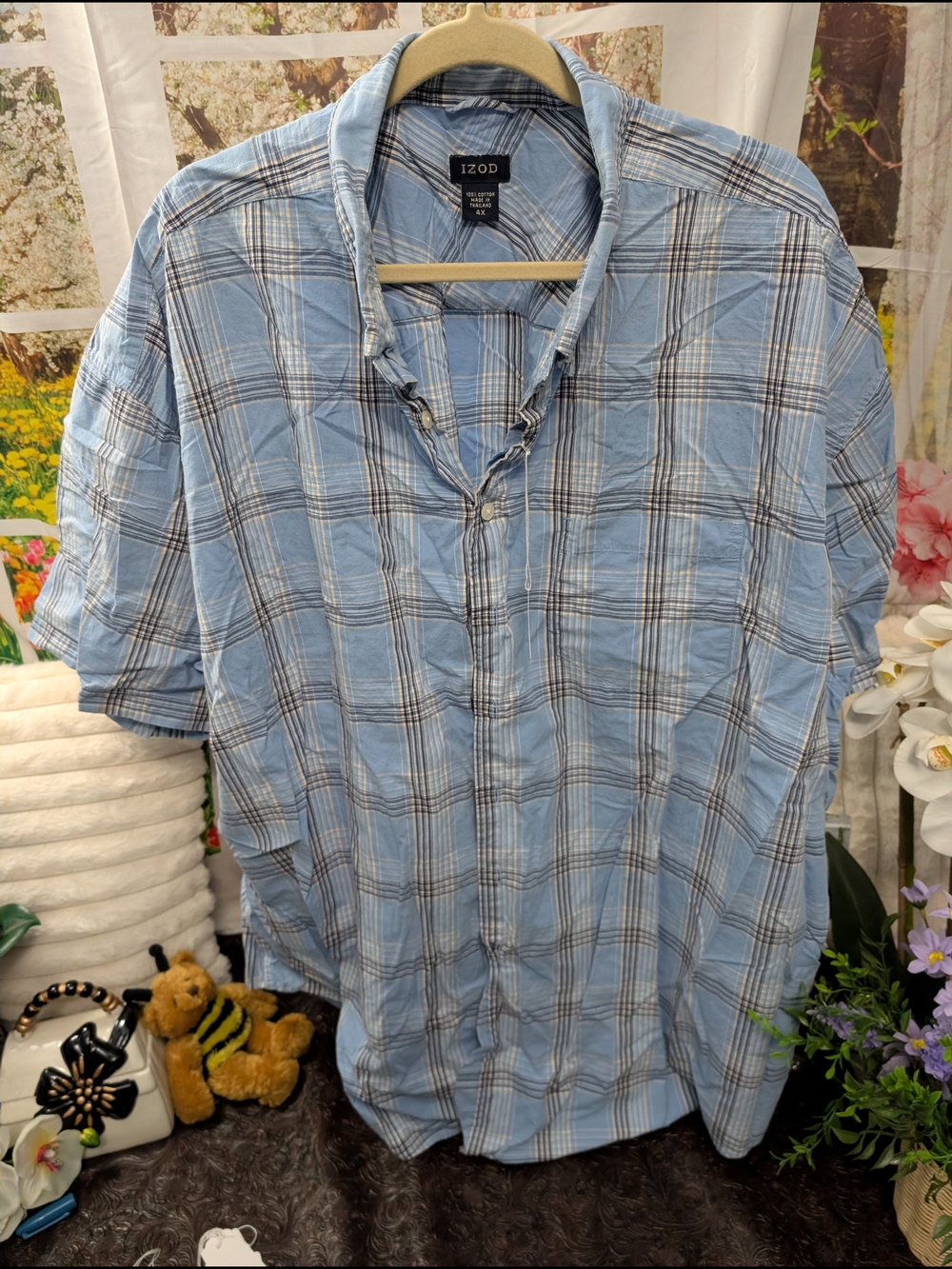 Izod Light Blue Plaid Short Sleeve Button-Down Shirt